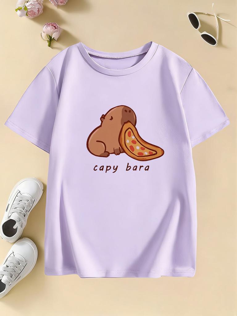 Cartoon Capybara Eating Food Print Trendy T Shirts Manga Kids Childrens Tshirt Boys Girls Summer Spring Casual Top Tee Shirt