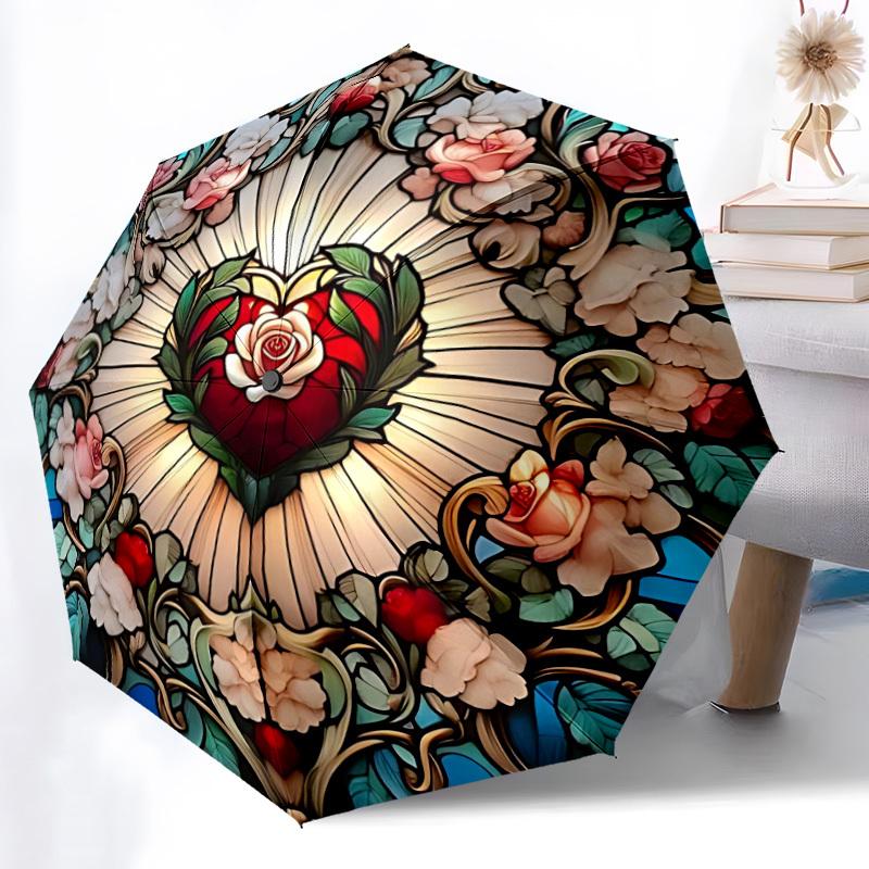 1pc Stained Glass Heart Automatic Umbrella Portable Home Essential Umbrella, Iron Umbrella Structure Suitable for All Seasons Yy251123149