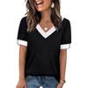 Summer Women's V-Neck Color Block Short Sleeve Button Pullover Top Casual Versatile for Europe America Crossborder