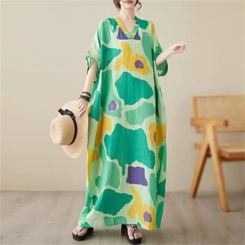 Cotton and linen printed round neck loose large size long sleeve fat MM plus fat plus size fake literary retro dress