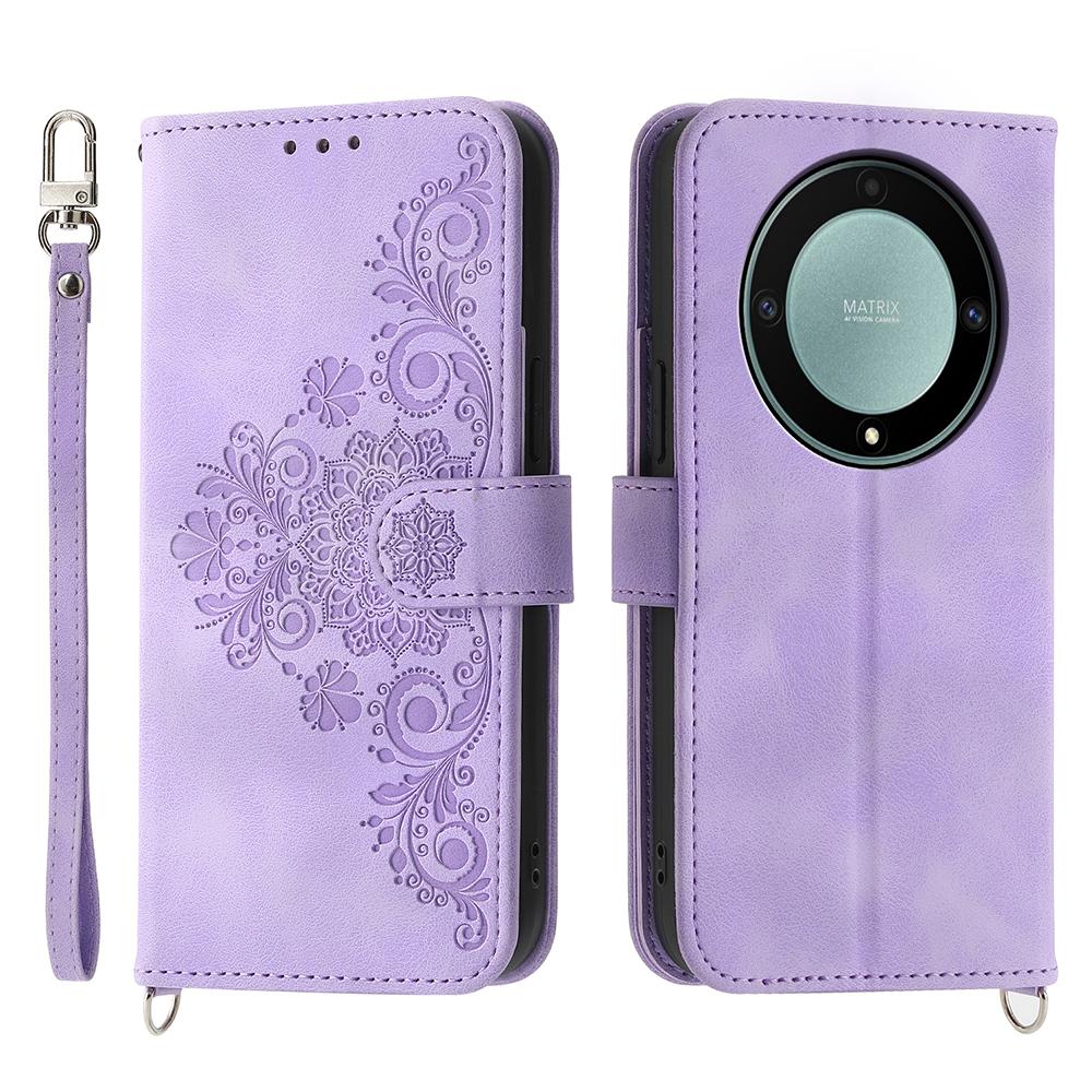 Phone Case For Honor Magic8 Lite 5G / X70 5G / X9d 5G Flower Pattern PU Leather Wallet Cover with Strap