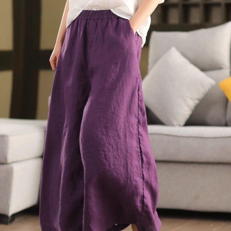 Pantalones Anchos de Lino Vintage para Mujer Cintura Elástica Color Sólido Pantalones Primavera Sueltos Casuales Largos Femeninos