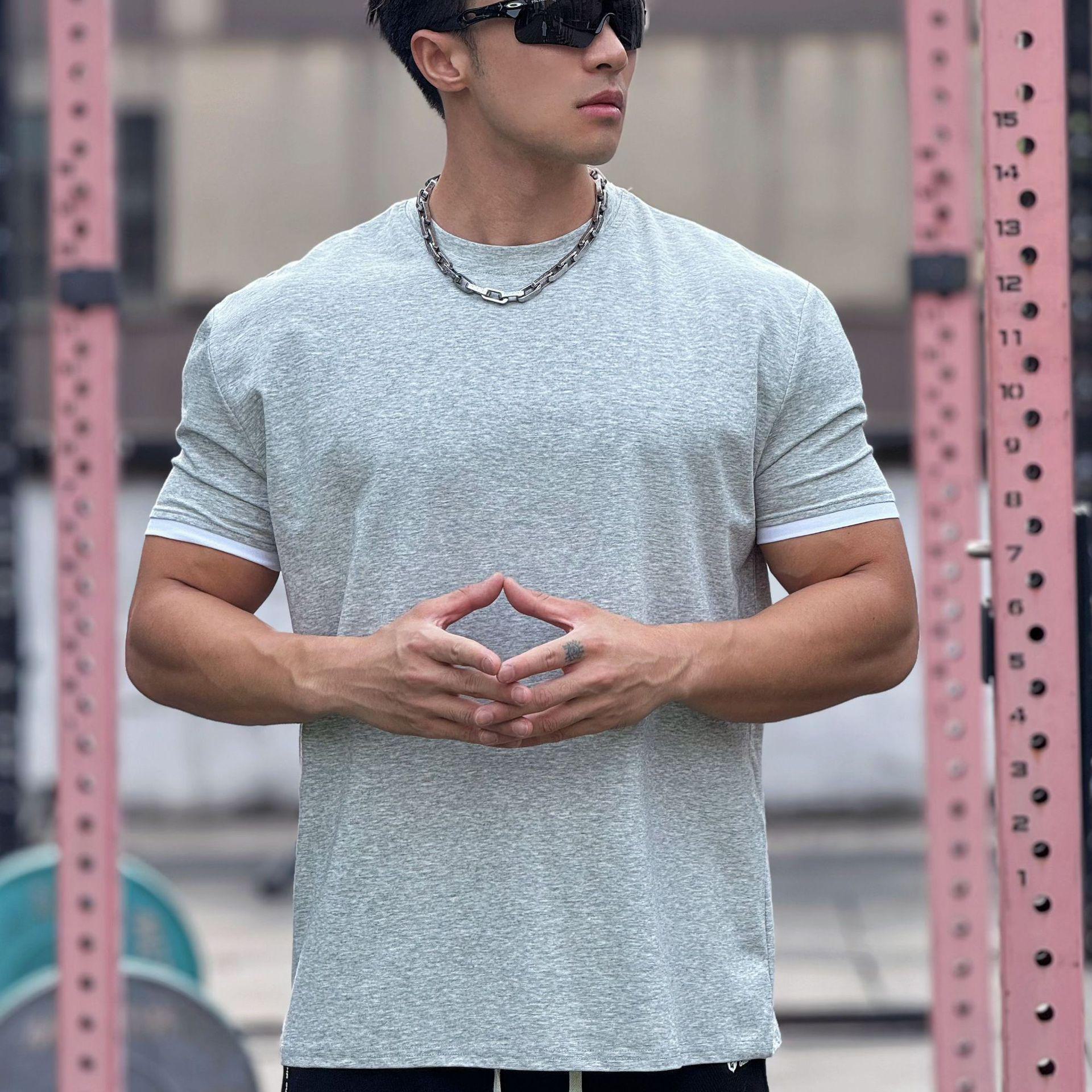 

Мужская свободная хлопковая спортивная футболка - баскетбол, бег, тренировки, осень - круглый вырез, имитация двух частей XXL светло-серый