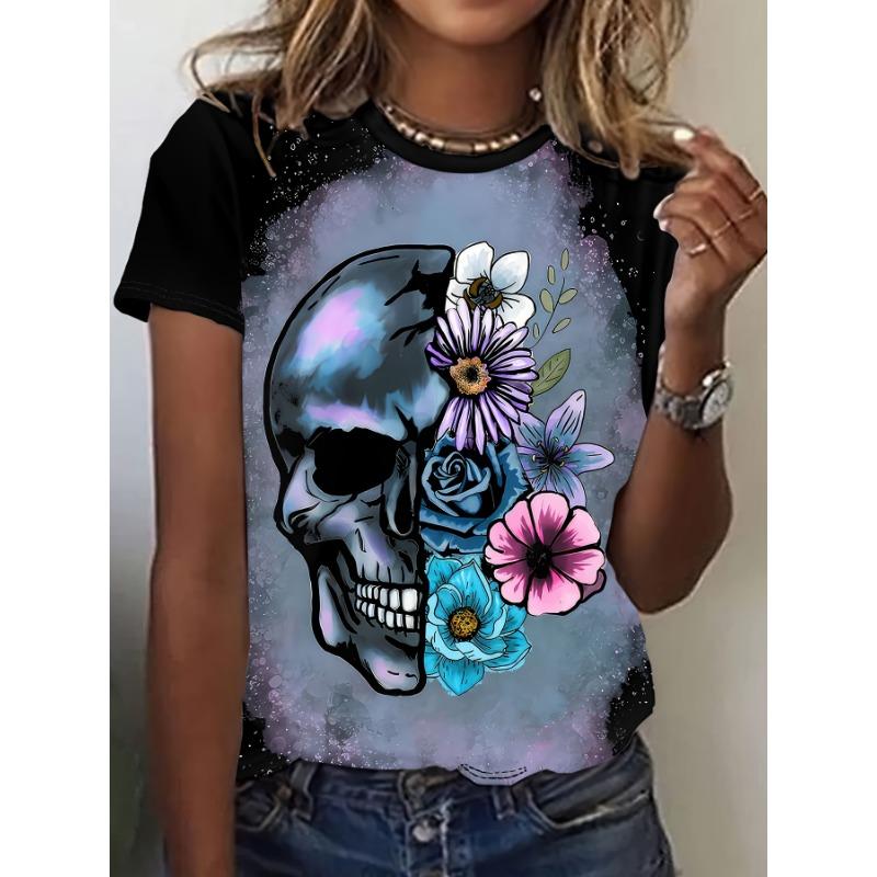 

Женская футболка с коротким рукавом с принтом 3D-паттерна «Череп и цветы», повседневная, с круглым вырезом, летний топ 6xl