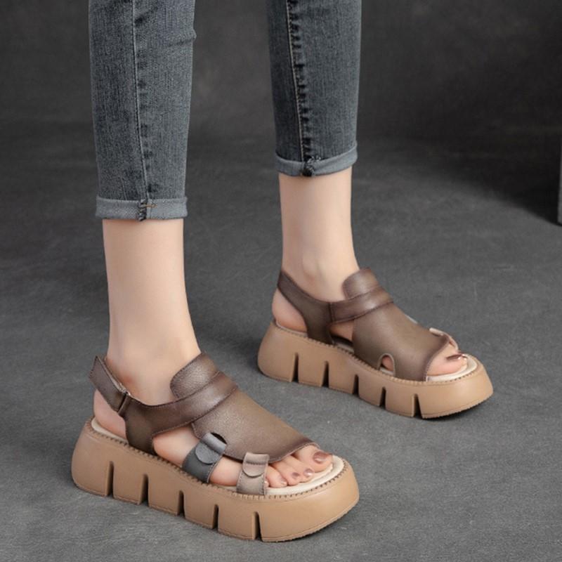 Johnature Γνήσιο δέρμα casual παχιά σόλα Peep Toe Σανδάλια Hollow Breathable Γυναικεία Παπούτσια Πλατφόρμας