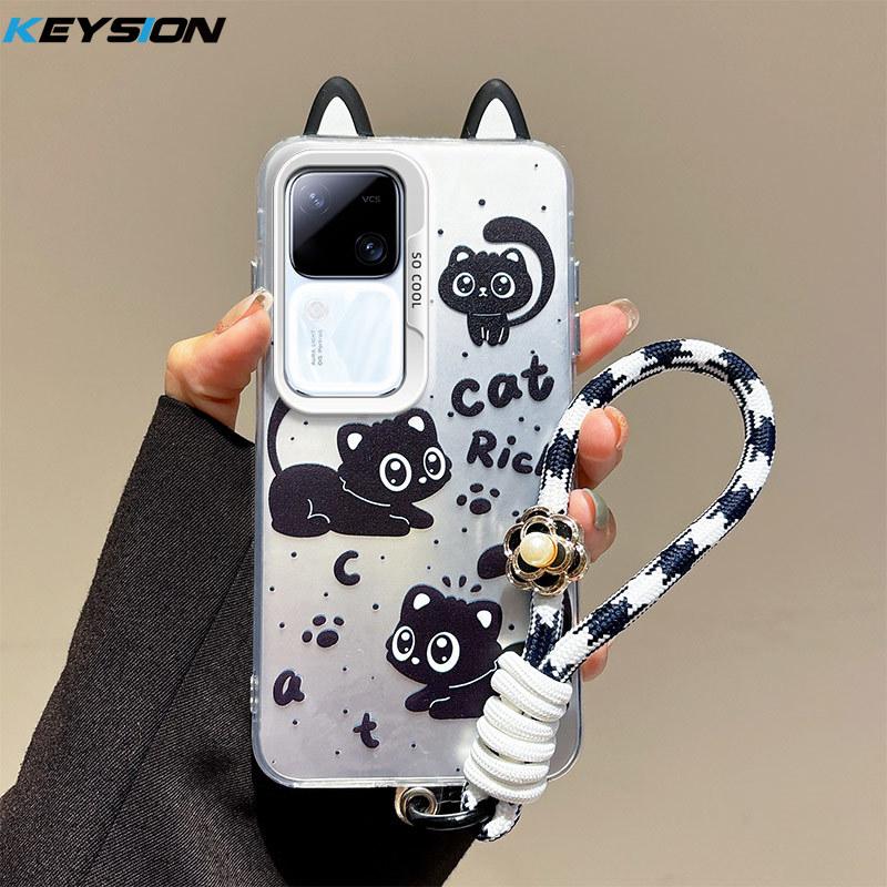 KEYSION Cute Ear Cartoon Case for VIVO V30 Pro 5G V30 with Lanyard Soft Silicone+PC Shockproof Phone Back Cover for VIVO V30 Pro