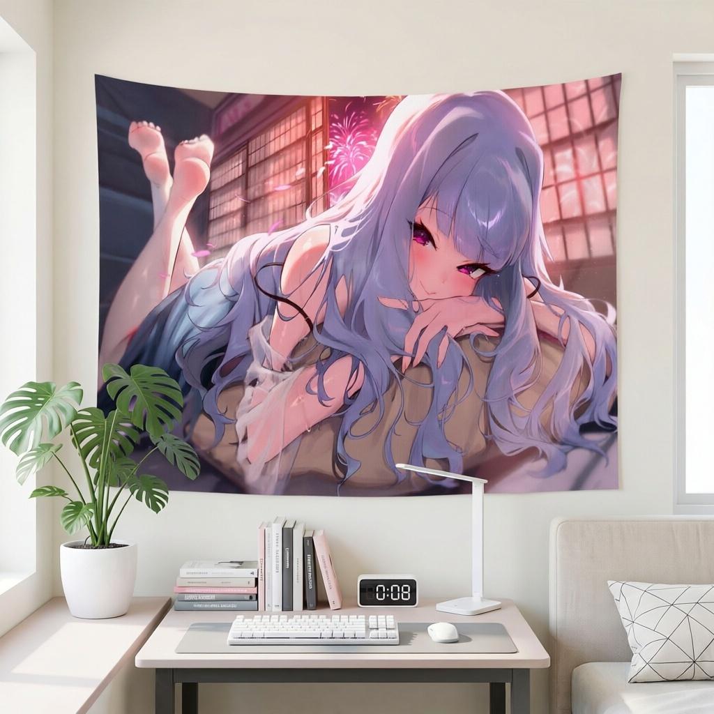 Beautiful Manga Girl Wall Tapestry Long Lavender Hair Japanese Night Fireworks Aesthetic Tapestry, Room Decor Items Home Decor