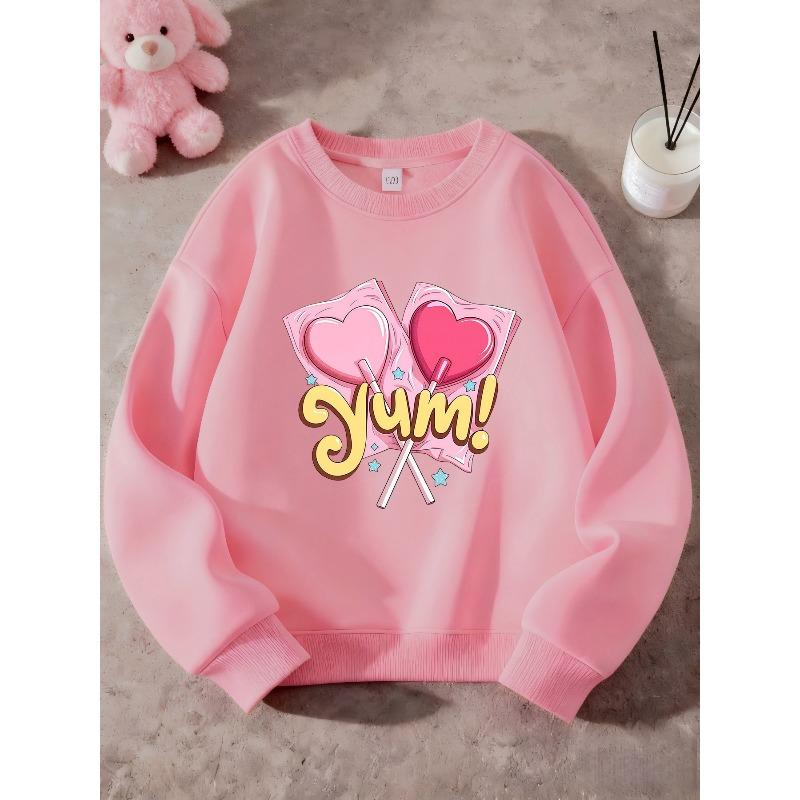 Kids Unisex Black Crewneck Sweatshirt, Yum Pink Heart Lollipop Star Print Long Sleeve Pullover, Soft Casual Sweatshirt for Boys Girls Over 4 Years Old