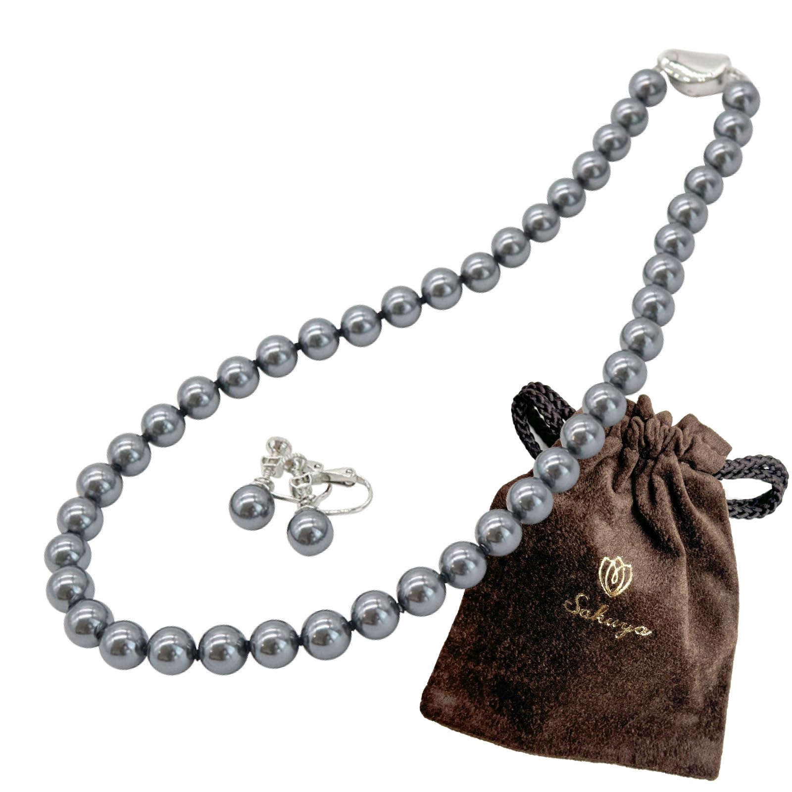 [Sakiya] Shell Pearl Necklace Set 8mm 42cm 40cm 45cm Formal Occasions Pearl White Silver Black Gray Natural EarringsPiercings Box Made in Japan