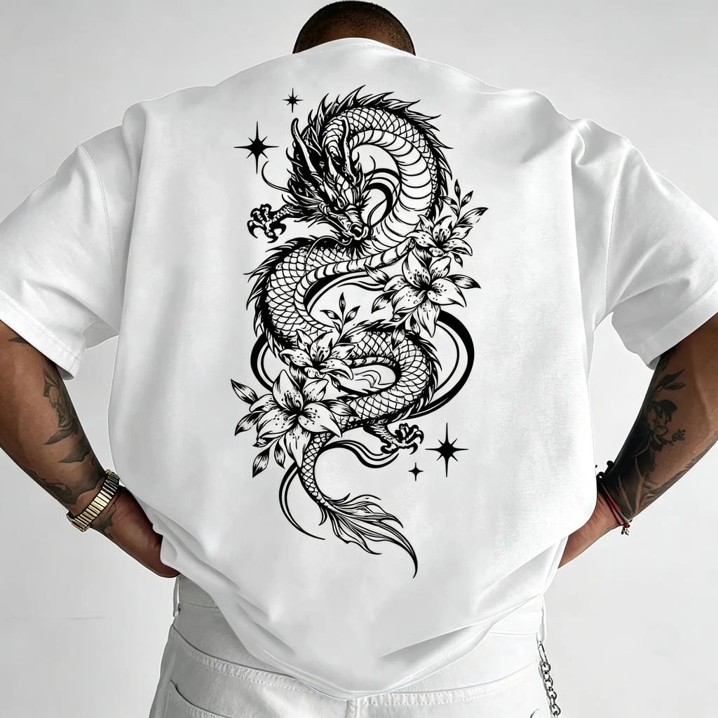 Men's Graphic Tees: American High Street Style with Chinese-Inspired Dragon and Lily Entwined Print, American Vintage Style Men's Trendy T-Shirt
