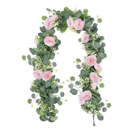 Artificial Eucalyptus Flower Garland with Rose Faux Floral Greenery Garland Fake Rose Flower Vine for Wedding Party Wall Backdrop Decor