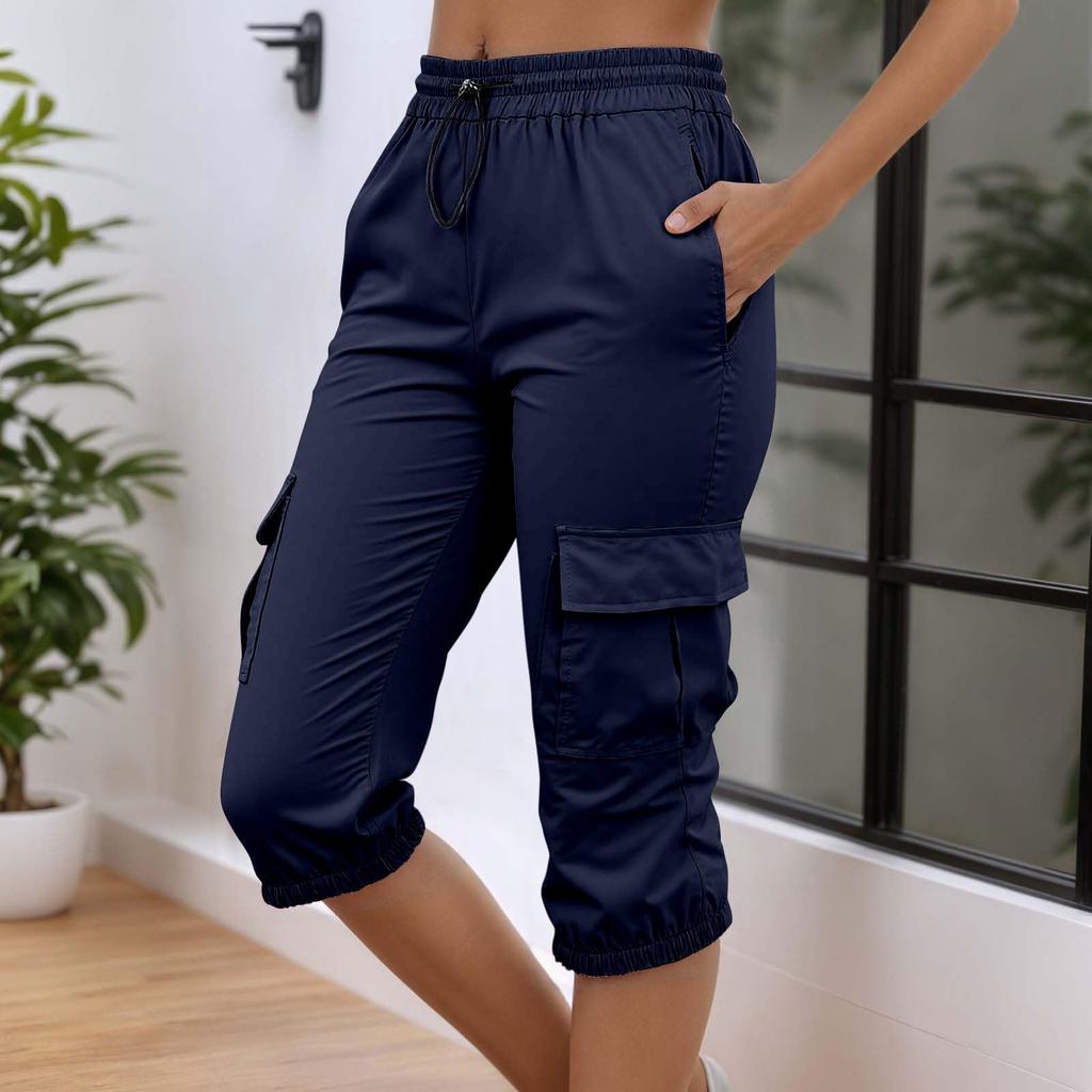 Damen High Waist Cargo Jogginghose Caprihose Elastischer Bund Kordelzug Verstellbare Länge Leichte Freizeithose mit Taschen