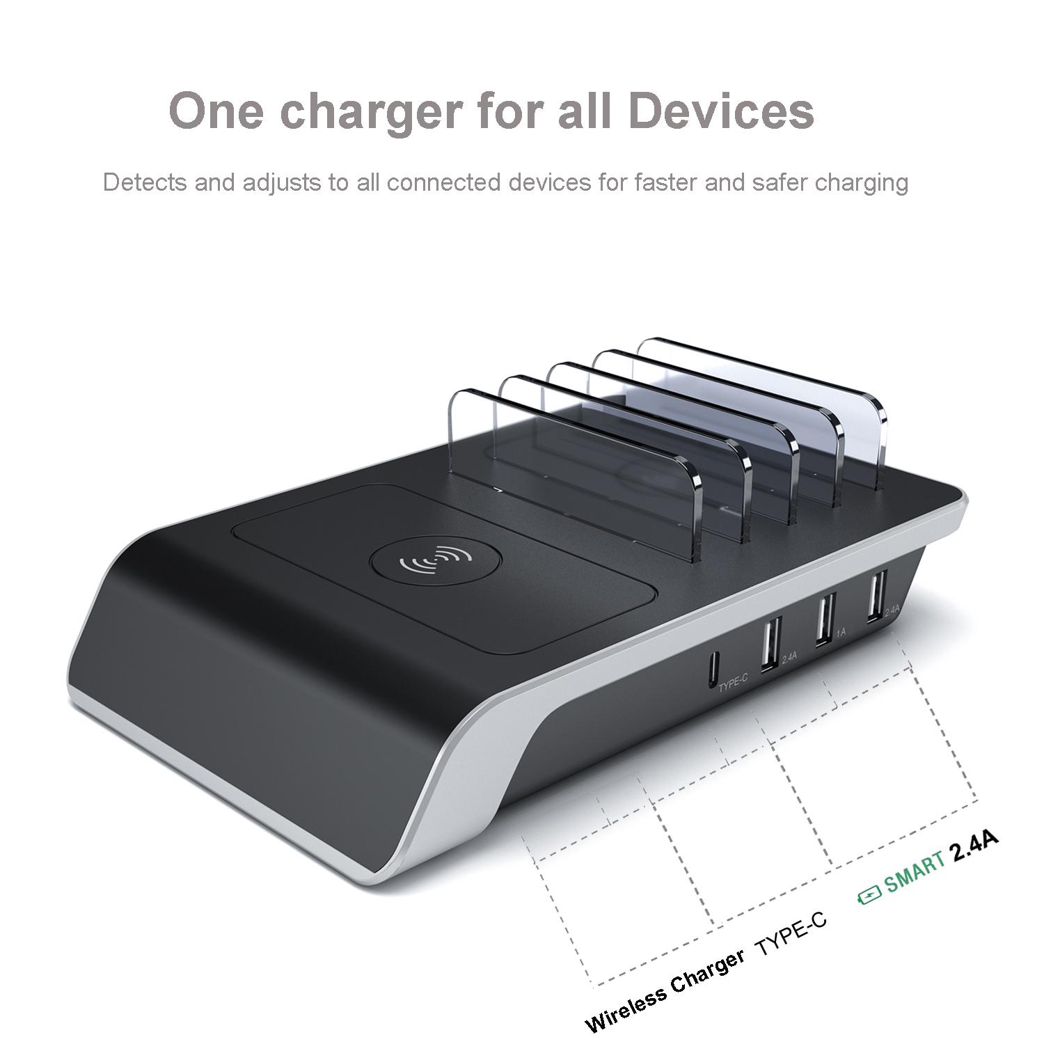 

YD09 Multiple Charger Dock Organizer Stand 4 USB Ports Desktop Charging Station QI Wireless Charging Pad
