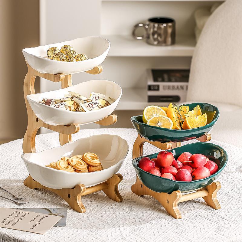 Bamboo & Wood Multi-layer Fruit Bowl and Pastry Plate - Creative Double-layer Ceramic Snack Holder for Home.