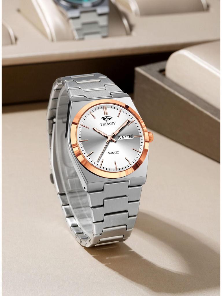 Men's Ultra-Thin Luminous Quartz Watch with Steel Band and Double Calendar, Waterproof.