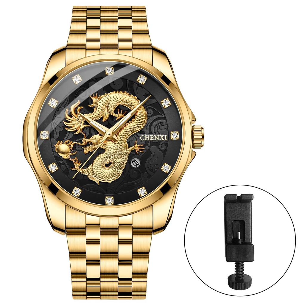 Dragon Stainless Steel Gold Analog Waterproof Quartz Fashion Watch In Gold Perfect Gift for Day Men's Watch Display, Calendar, Watch, - Birthdays,
