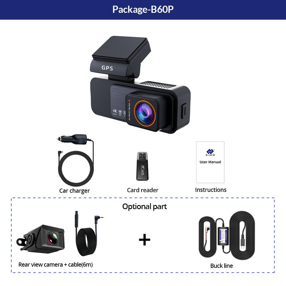 E-ACE Mini Dashcam 4K Car DVR 3.2 IPS Screen Support GPS Speed Display APP WIFI Control 2.5K Rear View Camera 2025 New