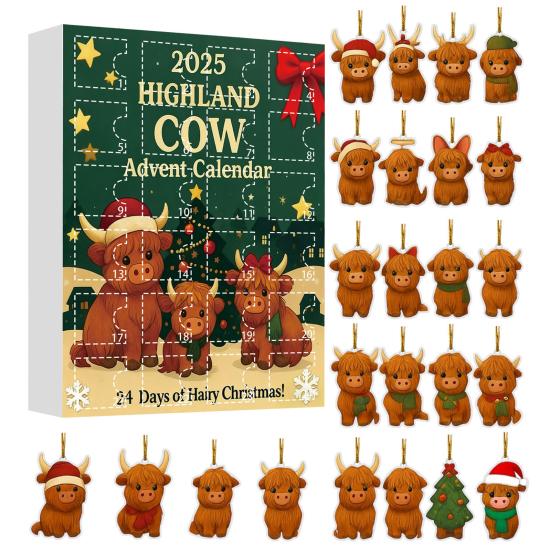 Highlandská kráva Adventní kalendář 2025 24denní krabička pro odpočítávání Vánoc s ozdobami Multifunkční dekorace na stromeček a sváteční zábava pro děti