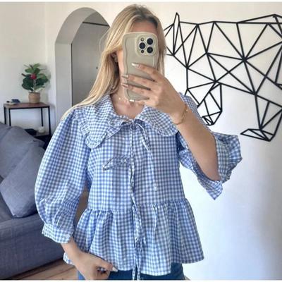Blue Striped Cotton Shirt Doll Collar Women Long Sleeve Lace Up Blouse Loose Casual Large Size Top Summer