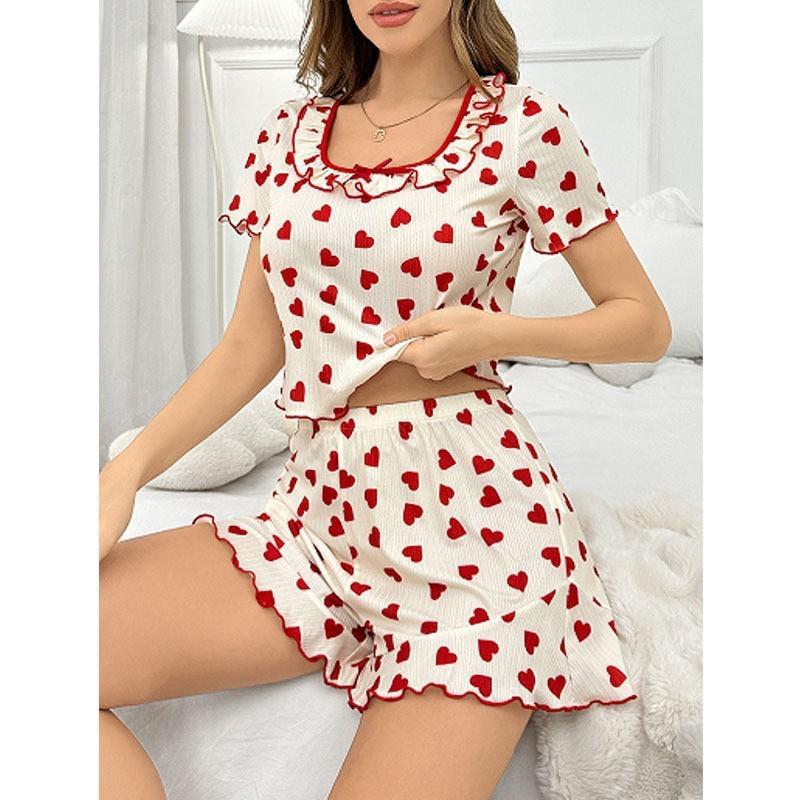Women's Summer Heart Print Pajama Set: Square Neck, Short Sleeve, Shorts