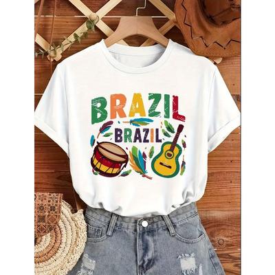 Europäische Größe Damen Karneval Brasilien Karneval Thema T-Shirt - Festlicher Karnevalsdruck, Rundhalsausschnitt, Polyester, Frühjahr/Sommer Kollektion