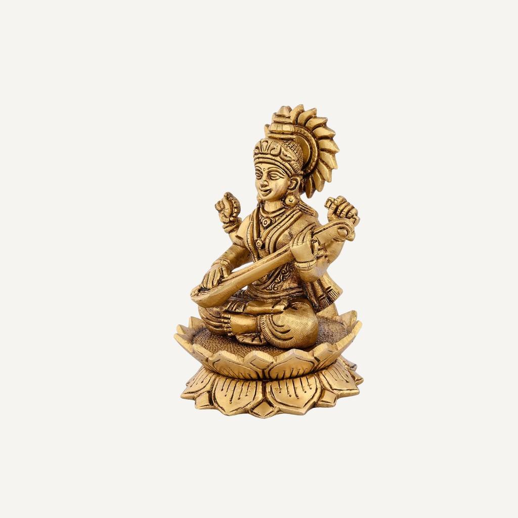Antique Finish Brass Saraswati Sitting On Lotus Idol, Goddess Murti, Gold