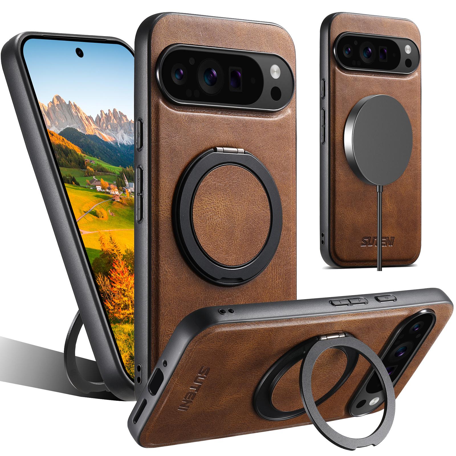 

SUTENI G3 For Google Pixel 9 Pro XL Case Compatible with MagSafe Waxy Texture 360° Rotating Kickstand Leather Phone Back Cover Brown