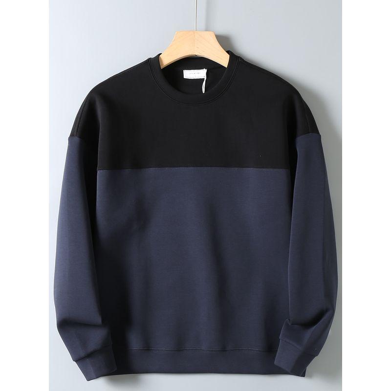 Foreign Trade Surplus Skin-Friendly Air Cotton Sweatshirt for Men, Autumn Fashion Color-Blocking Round Neck Loose Comfortable Wrinkle-Resistant Top