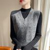 Women's Retro V-Neck Wool Knit Vest - Sleeveless, Jacquard Design, Loose Fit