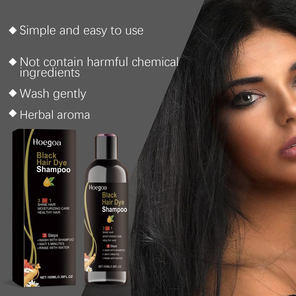 Hoegoa 100ml 3 in 1 Kräuter-Schwarzfärbe-Shampoo Sofortige Farbe Grau zu Naturschwarz Polygonum Multiflorum Haarfarben-Shampoo