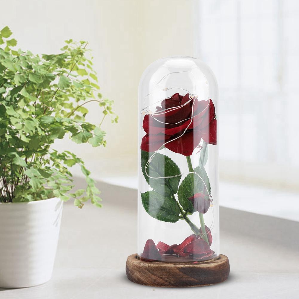 Preserved Rose Flower LED Light with Glass Cover & Wooden Base Valentines Day Wedding Gift Red