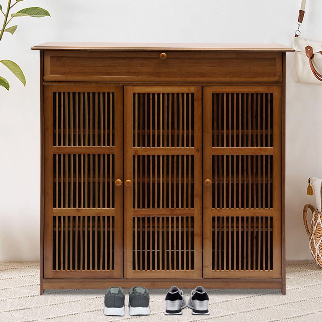 3-Tier Bamboo Shoe Cabinet W/ Shutter Doors & 1 Drawer - Holds 25 Pairs, Modern Wooden Shoe Rack Organizer for Entryway, Hallway