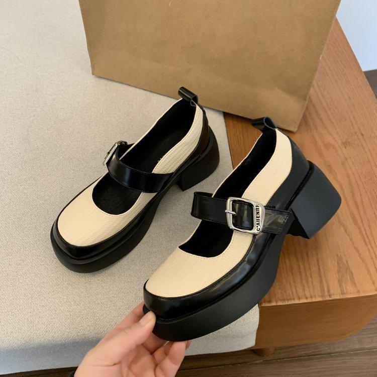 Mary Jane shoes British style black small leather shoes thick heel shallow mouth with single shoes round head platform loafers women's shoes