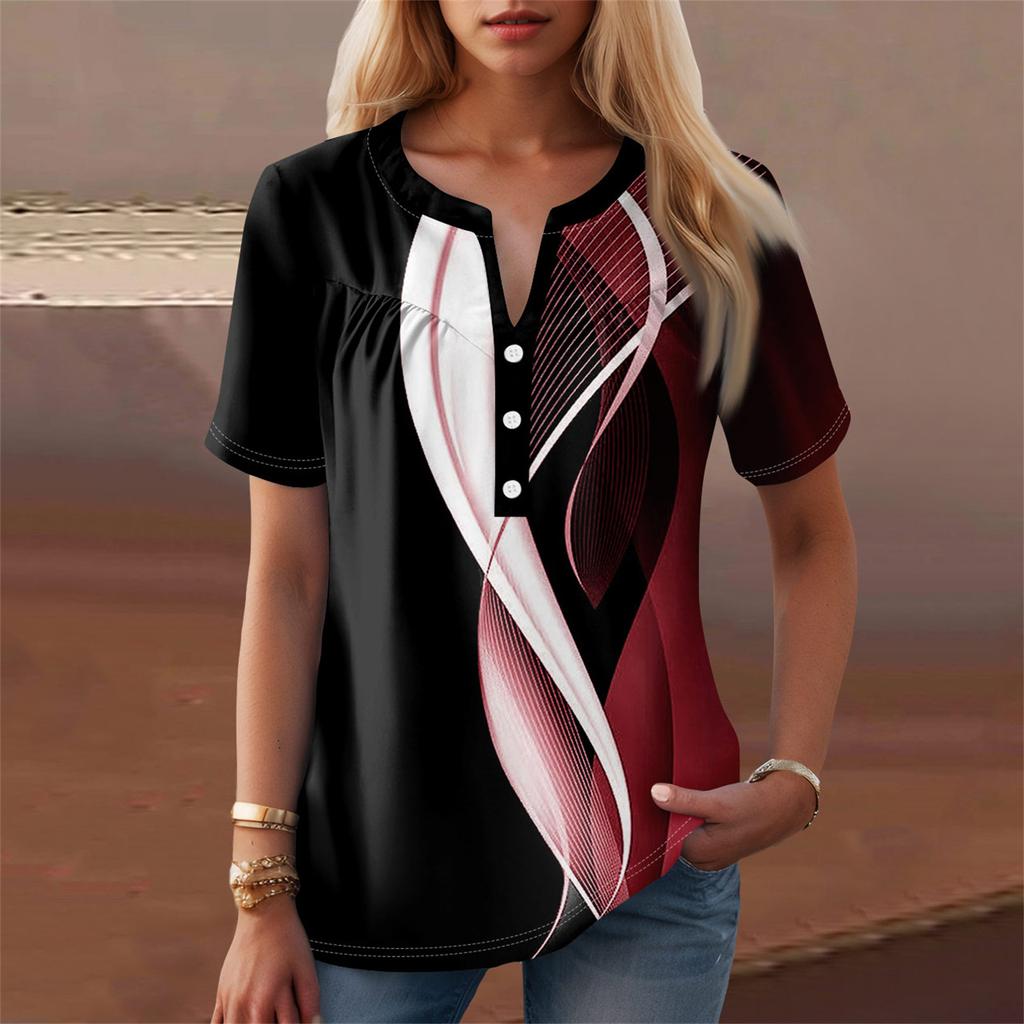 Women's Casual Floral Print V-Neck Short Sleeve Decorative Button T-Shirt Top
