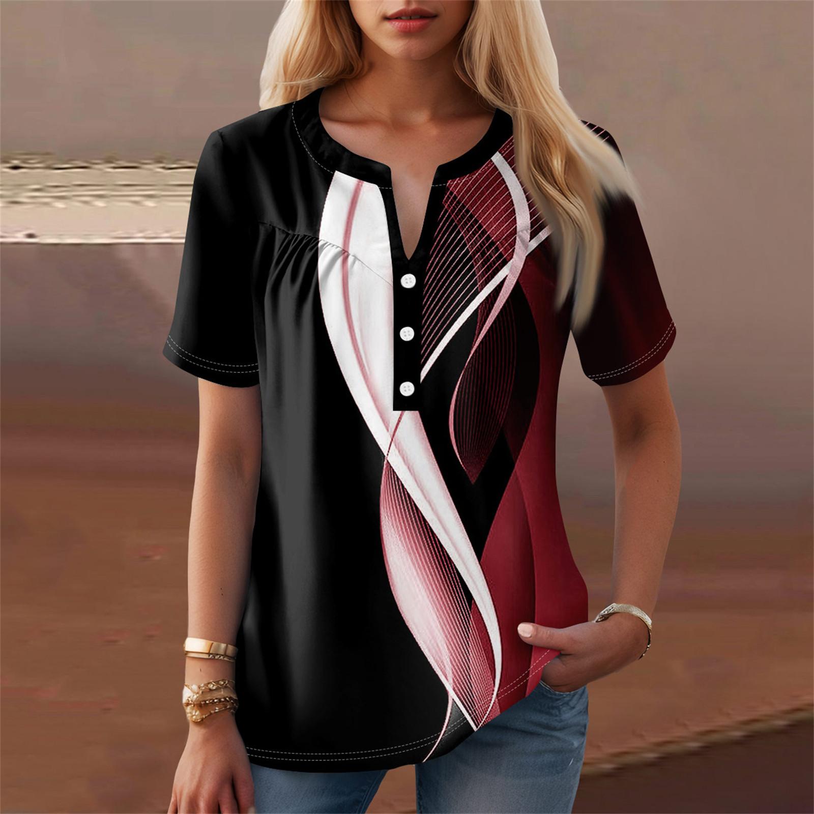 

Women s Casual Floral Print V-Neck Short Sleeve Decorative Button T-Shirt Top XXL винний