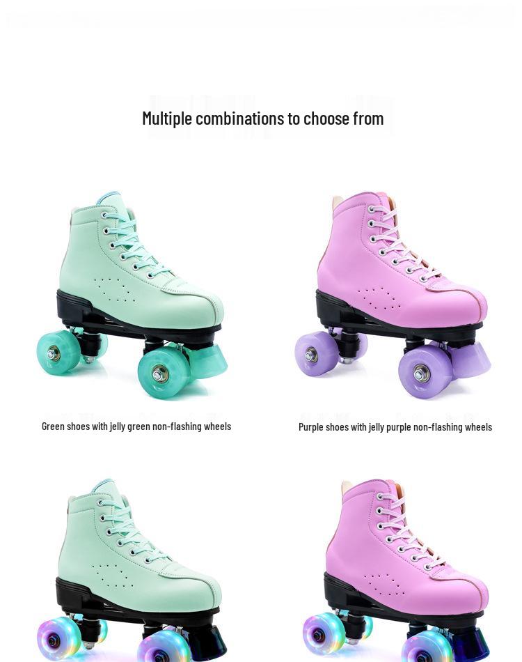 Adult Unisex Double Row Roller Skates, Breathable Purple Leather, Jelly Wheels, Four-Wheel Design
