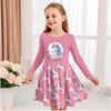 Mädchen Freizeitkleid mit 3D-Einhorn-Print, Rundhalsausschnitt, lange Ärmel, Kinder Prinzessinenkleid