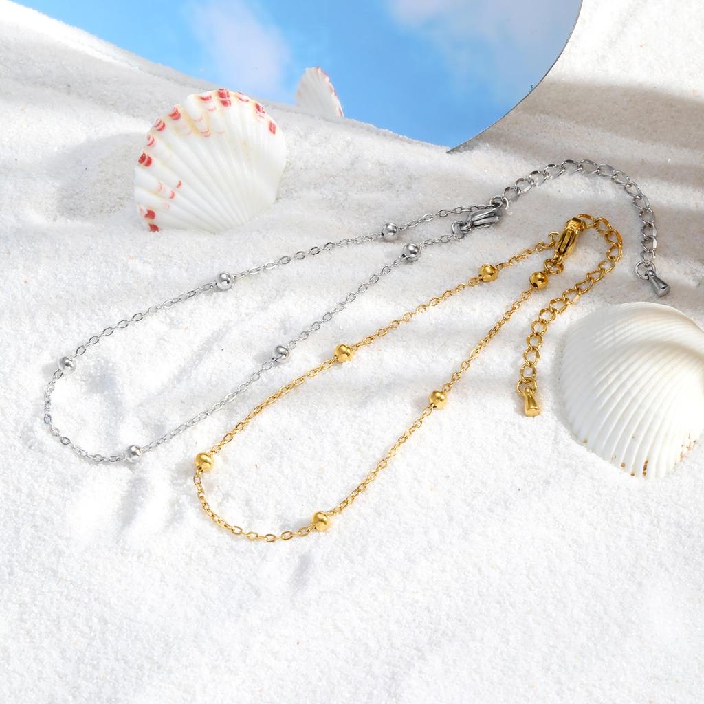 Stainless Steel Beaded Chain Anklet for Women,Summer Vacation Waterproof Anklets,Classic Jewelry Gifts