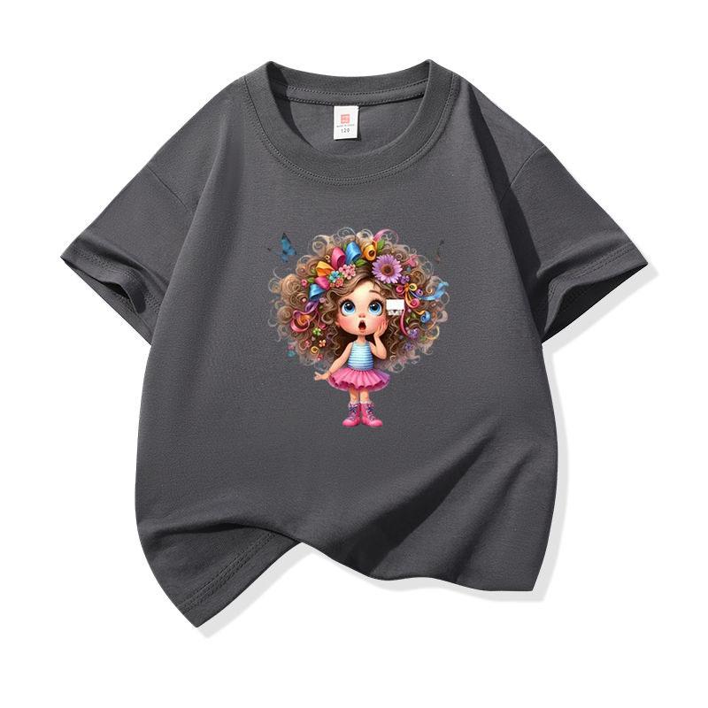 Kids Cotton T Shirt Flower And Butterfly Hair Girl Print Crew Neck Short Sleeve Tee Casual Boys Girls Summer Tops