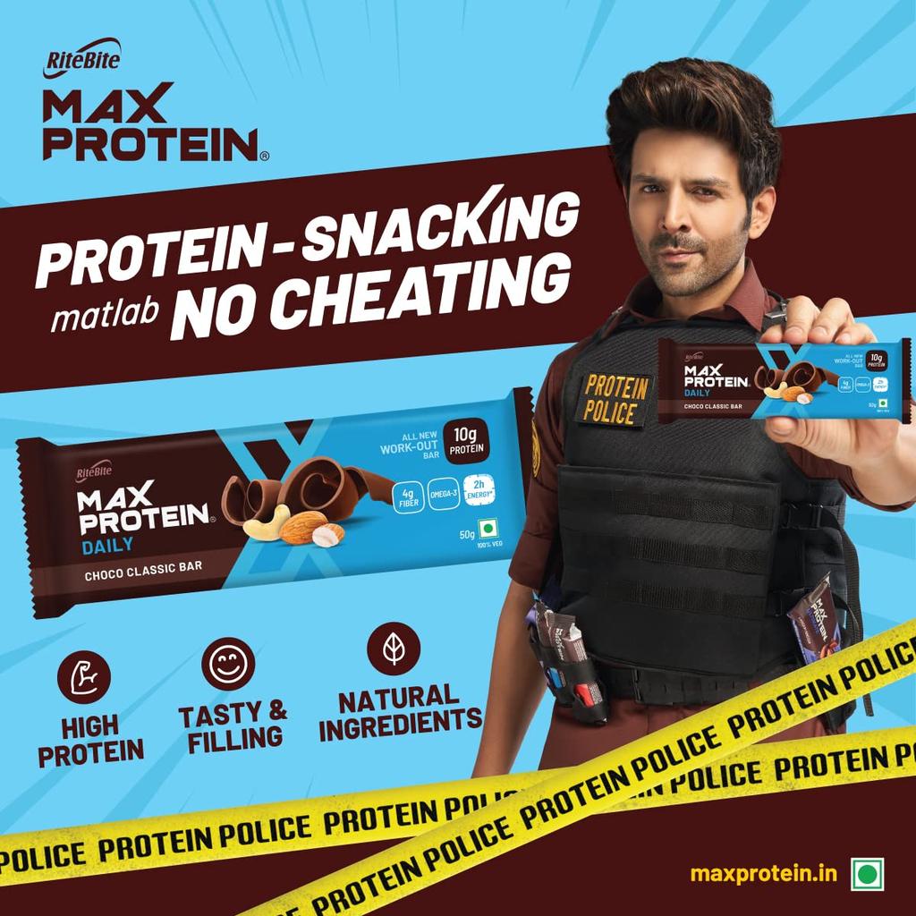 RiteBite Max Protein Daily Choco Classic 10g Protein Bars [Pack of 6] Protein Blend, Fiber, Vitamins & Minerals, No Preservatives, 100% Veg, For