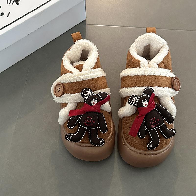 

Cartoon bear Velcro snow boots autumn and winter fashion bow retro comfortable women s bear platform cotton shoes 40-41 коричневий