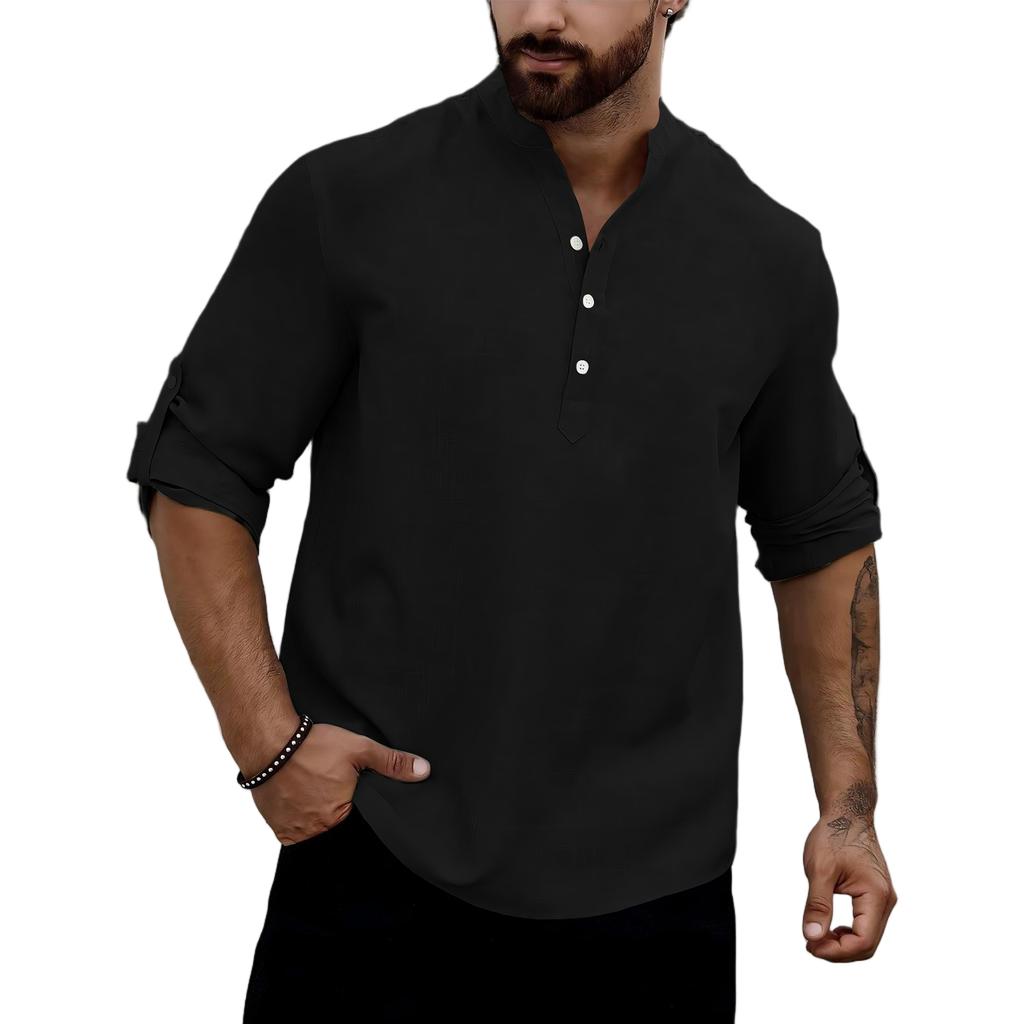 Men Henley Collar Long Sleeve Casual Shirt Lightweight Breathable Fabric Relaxed Fit Roll Up Sleeve Tunic Top