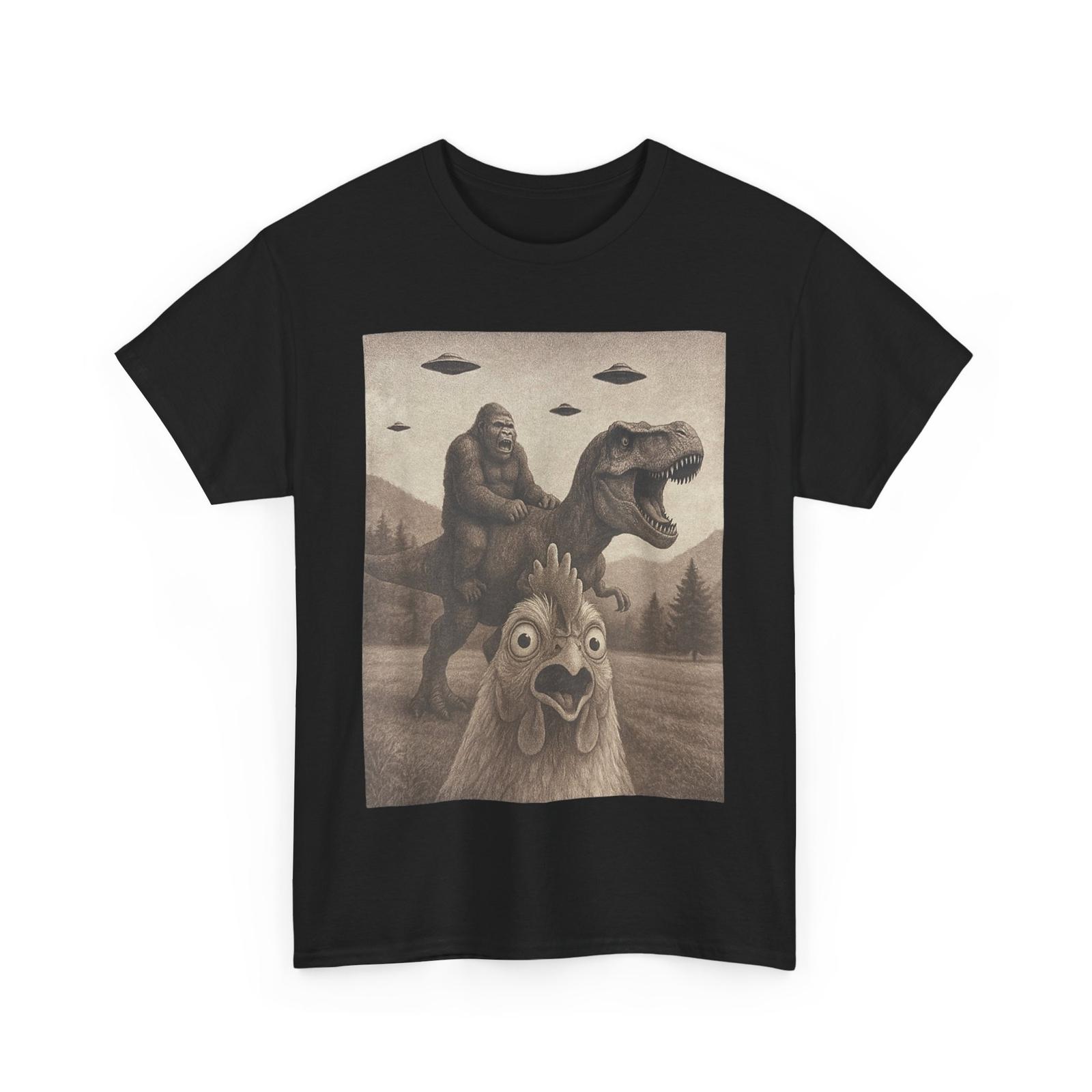 Funny Chicken Selfie Bigfoot Riding T-rex Women Men T-Shirt M