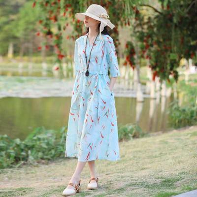 Übergröße V-Ausschnitt Langes Kleid Ethnischer Druck Schlitzärmel Lockere Taille Bindekleider