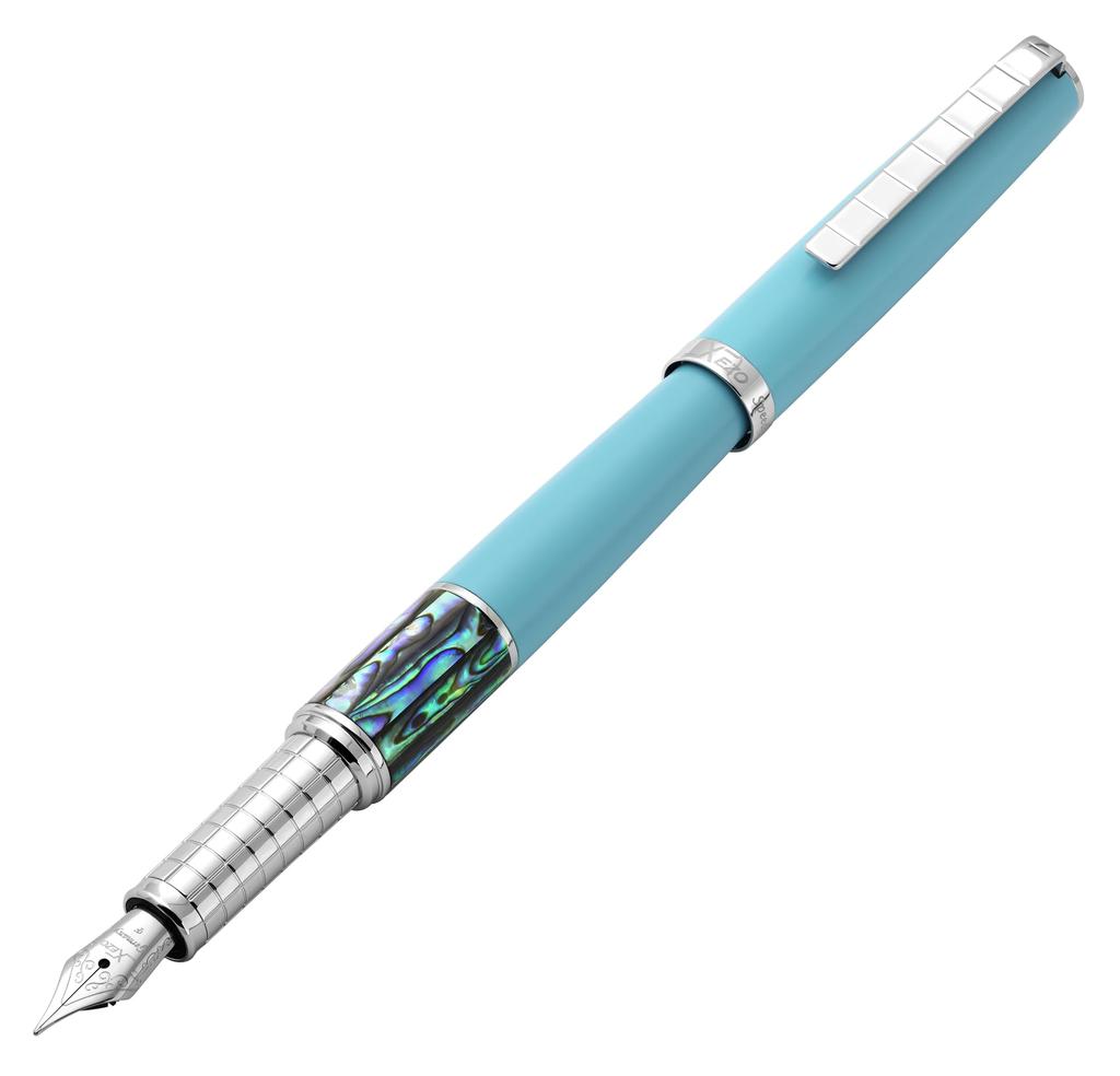 Xezo Speed Master Fountain Pen, Fine Nib. Matte Sky Blue, Paua Abalone Shell. Chrome-plated. Lightweight Brass Body.