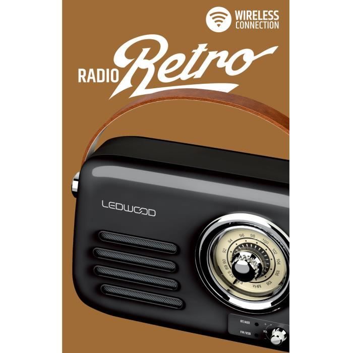 Radio Rétro portable Ledwood ALMA, FM, Bluetooth 5.3 Entrée USB, Puissance 30W - Batterie 3,7V-1500mAh - Retro Vintage - Noir