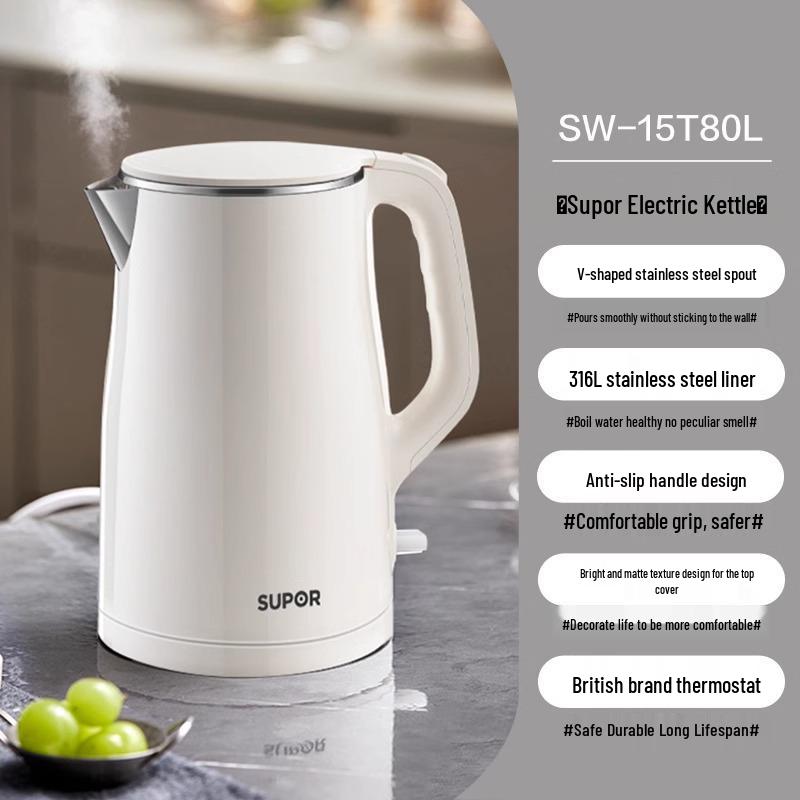 

Supor SW-15T80A Stainless Steel Electric Kettle for Home, Dorm, and Office with Auto Tea Making and Insulation.