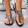 Damen Böhmische Zehenring-Sandalen mit flachem Absatz, Strassbesetzt, Elastischer Fersenriemen, Lässige Strandschuhe für den Außenbereich