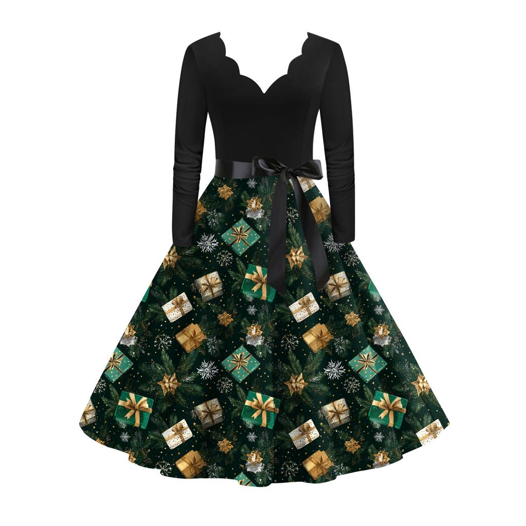 Dámské módní kulaté ležérní slim fit šaty s vánočním potiskem, velké kolové, s dlouhým rukávem