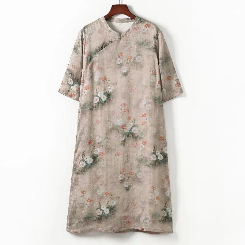 

Johnature женское летнее винтажное платье трапециевидной формы в китайском стиле с семью рукавами и цветочным принтом XXL света кофе